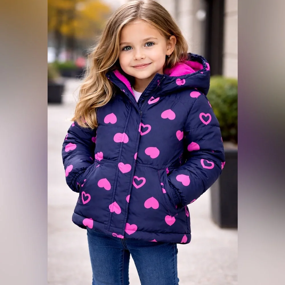 Joe Fresh Girls Puffer Jacket Navy Pink Hearts Size 4